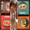 TSUBI instant miso soup packages with wooden cutlery on a wooden surface